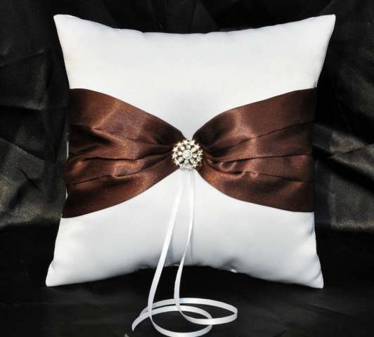 White Wedding Ring Bearer Pillow Choc Brown Ribbon and Diamante Ring Set in the Middle